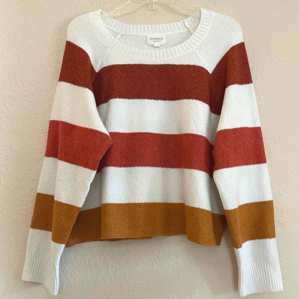 Pinque Striped Cropped Sweater Womens Size XL Ivory Rust Raglan Fall Soft Preppy